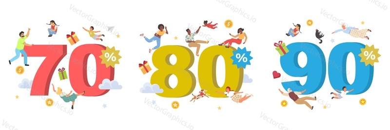 70, 80, 90 price off sale discount vector illustration. Promotion label, sticker or badge design with number and happy people. Purchase with clearance announcement