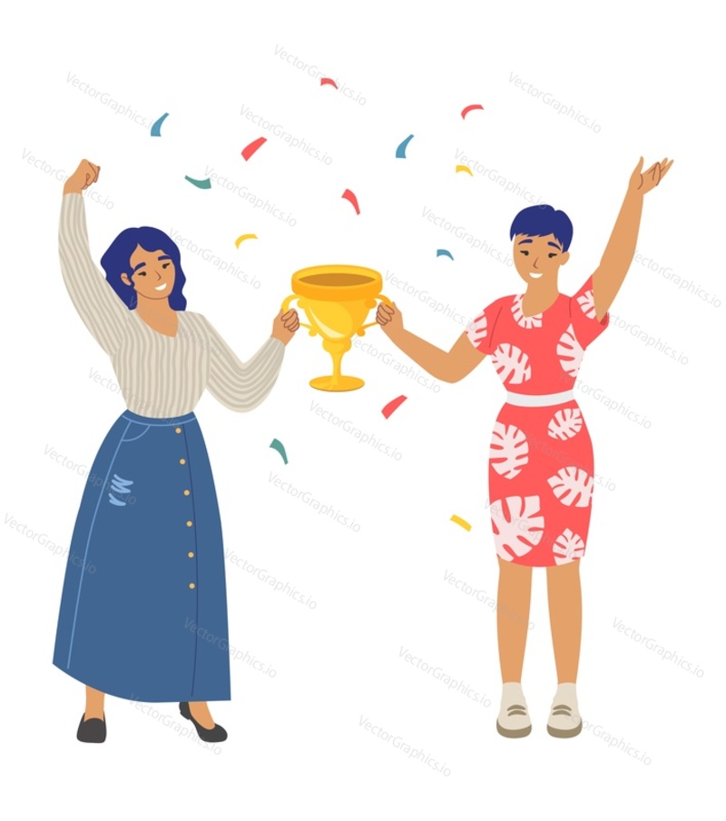 Вектор женщин-победительниц. Иллюстрация двух счастливых девушек с золотым кубком-трофеем, празднующих победу. Бизнесвумен в восторге от выигрыша приза. Празднование успеха бизнес-команды. Женская власть