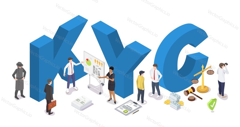 KYC. Знай своего клиента, 3d векторный плакат. Крошечные бизнесмены изучают информацию о профиле клиента. Бизнес-проверка личности клиента и оценка его пригодности для партнерства