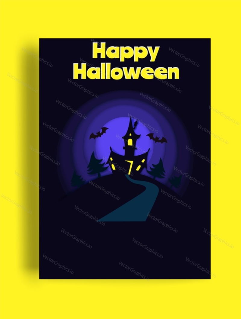 Счастливого Хэллоуина векторная поздравительная открытка с жутким замком. Дом с привидениями и летящая летучая мышь над ночным небом с иллюстрацией луны. Жуткое празднование октябрьского праздника