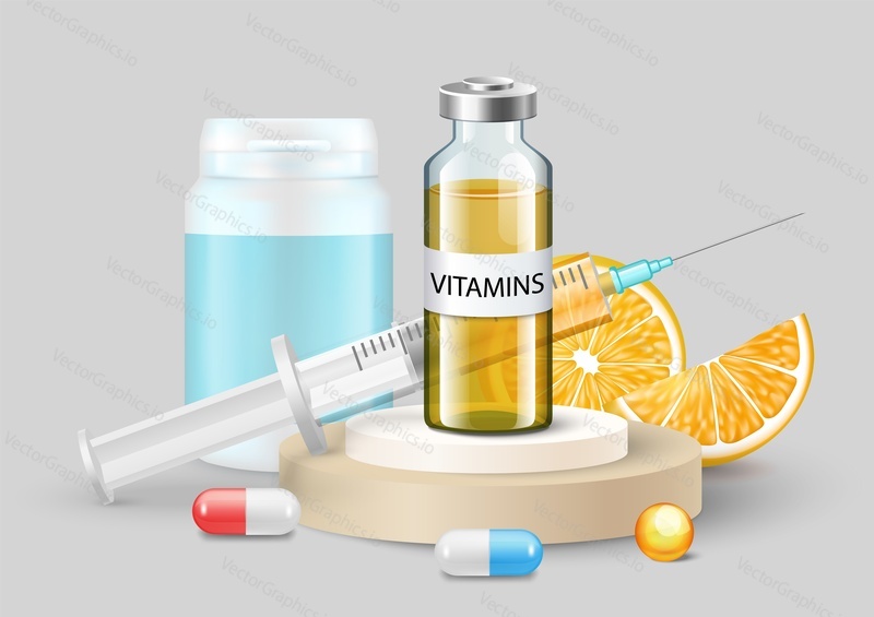 Витаминный вектор. Внутривенное введение витамина С, таблетки с добавками, флакон с лекарством, шприц для медицинских инъекций и дольки апельсина. Здравоохранение и профилактическая медицина. Рекламный плакат