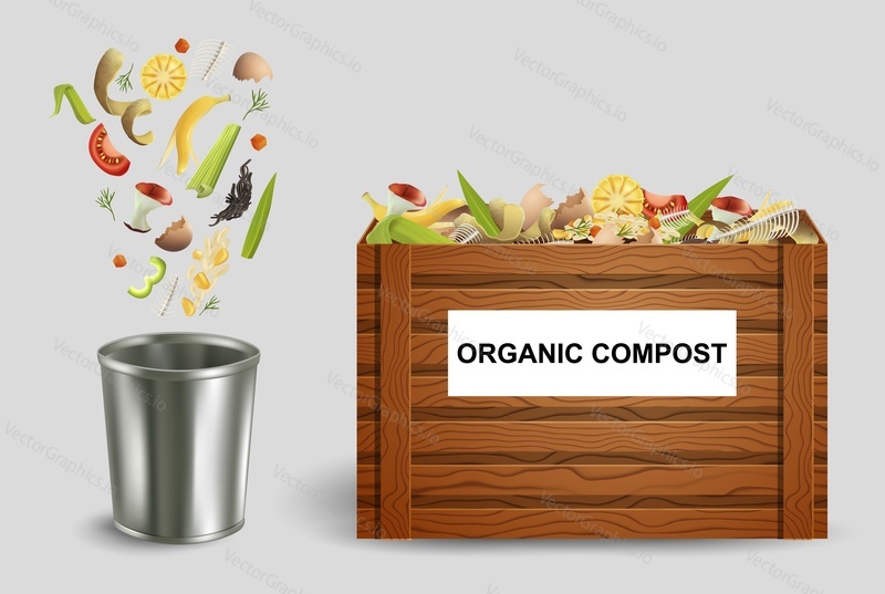 Organic compost vector illustration. Bio waste decomposition into fertilizer. Food garbage recycle concept. Biodegradable rubbish composting