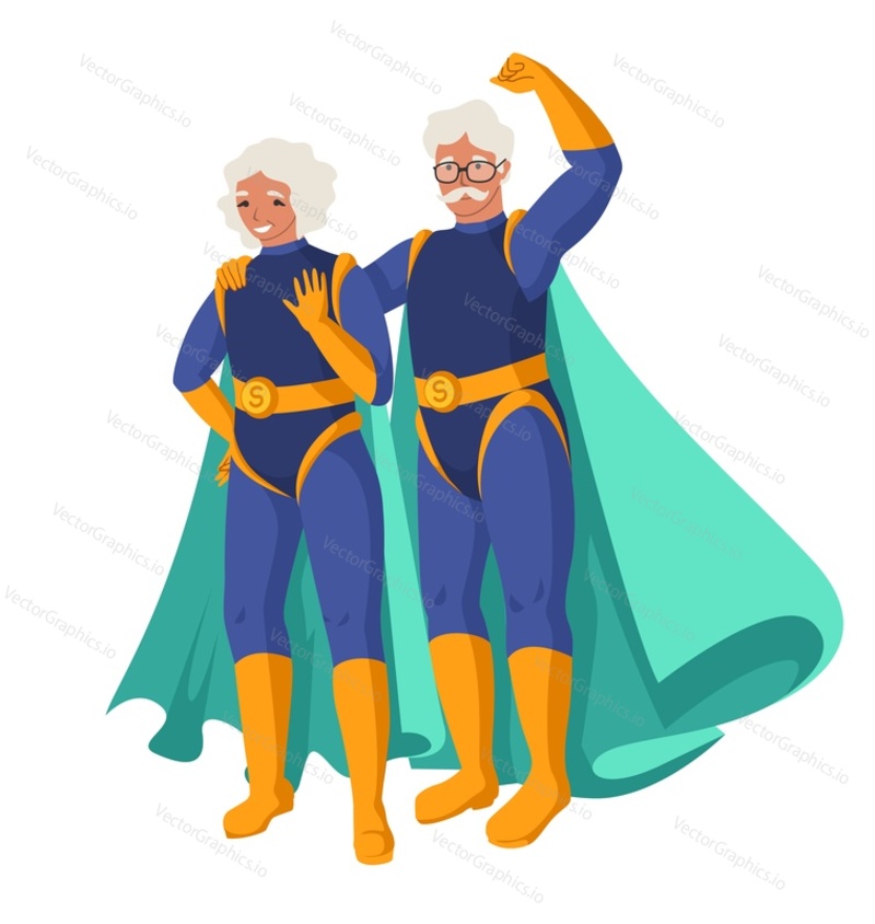 Старик и женщина-супергерои в маске и плаще векторная иллюстрация. Пожилой супермен и суперженщина, изолированные на белом фоне. Седовласая героиня женского пола и мультипликационный персонаж мужского пола-герой