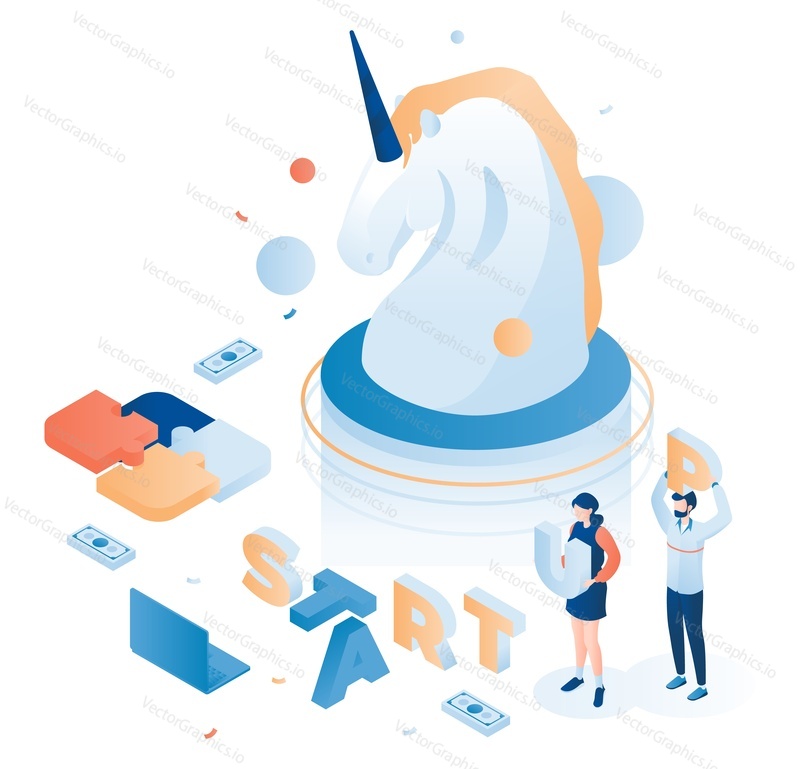 Unicorn horse and business people building startup word, jigsaw puzzles, flat vector isometric illustration. Unicorn startup marketing, successful business strategy.