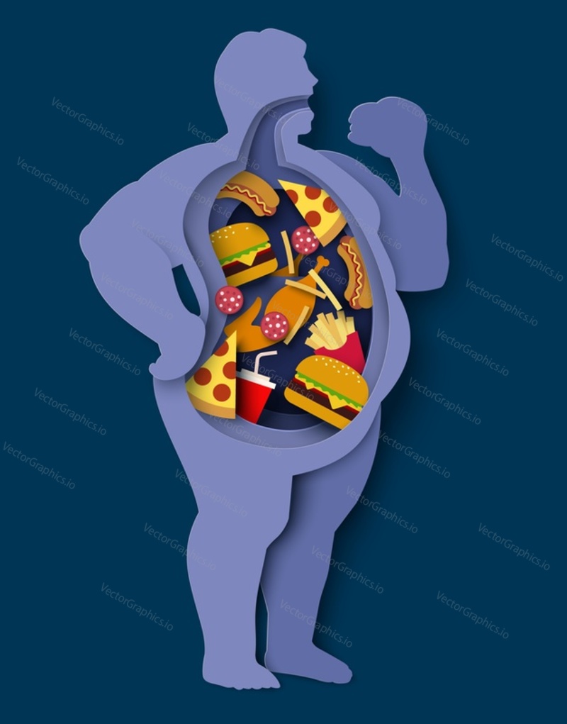 Векторный дизайн вырезки из бумаги человека с избыточным весом. Концепция избыточного веса и ожирения. Нездоровое питание и нездоровая пища внутри жирного мужского тела. Взрослый человек страдает абдоминальным ожирением. Иллюстрация проблем с перееданием