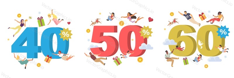 40, 50, 60 price off sale discount vector illustration. Set of huge number and floating happy people getting giftbox bonus on shopping design. Clearance advertisement and marketing promoiton