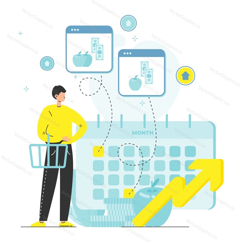 Man with shopping basket experiencing rising prices for food over time standing near calendar and rising arrow chart, flat vector illustration. Economic inflation, loss of purchasing power.