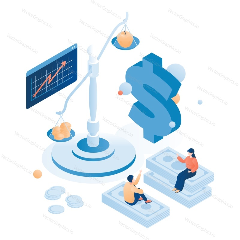 Inflation in economics, flat vector isometric illustration. Rising prices arrow chart, dollar sign, scales, people sitting on money stacks. Inflation effect on economy, financial market.