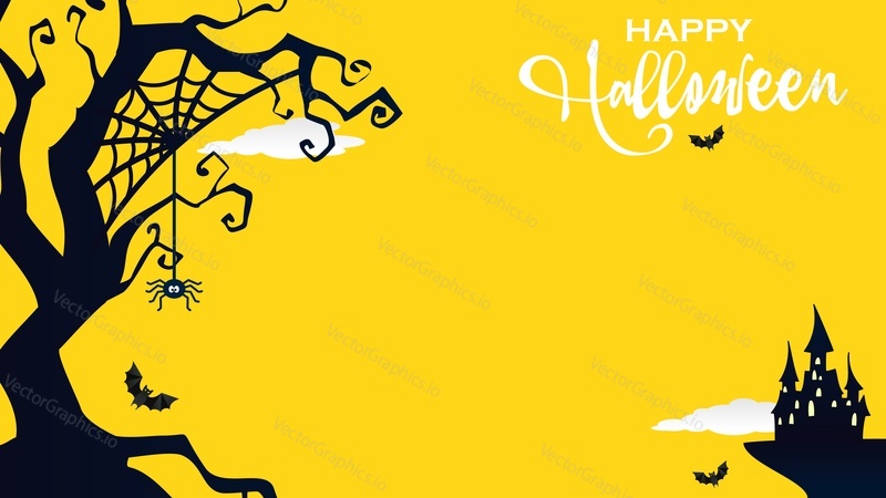 Happy Halloween vector poster with copy space. Scary haunted house castle, spooky tree with spider and flying bat design over yellow background. October party, autumn traditional holiday