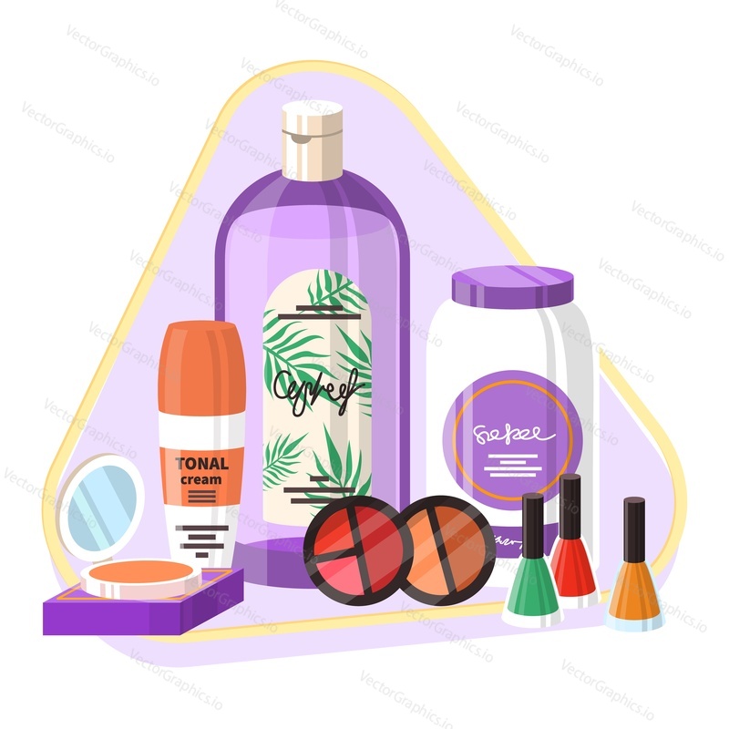 Makeup cosmetic products vector. Advertising poster design for beauty shop. Tonal cream, foundation, eyeshadow palette and nail polish. Online store, blog, offers and promotion concept