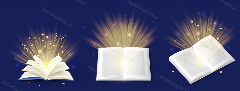 Magic books with lights realistic vector design. Fantasy or fairy tale book, bible or wizard spellbook with bright glowing pages, shining sparkles and confetti illustration