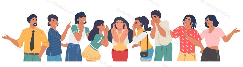 People in stress and social pressure vector illustration. Society attack female victim. Crowd opinion as opposite of individual, human abuse or harassment. Social issues concept