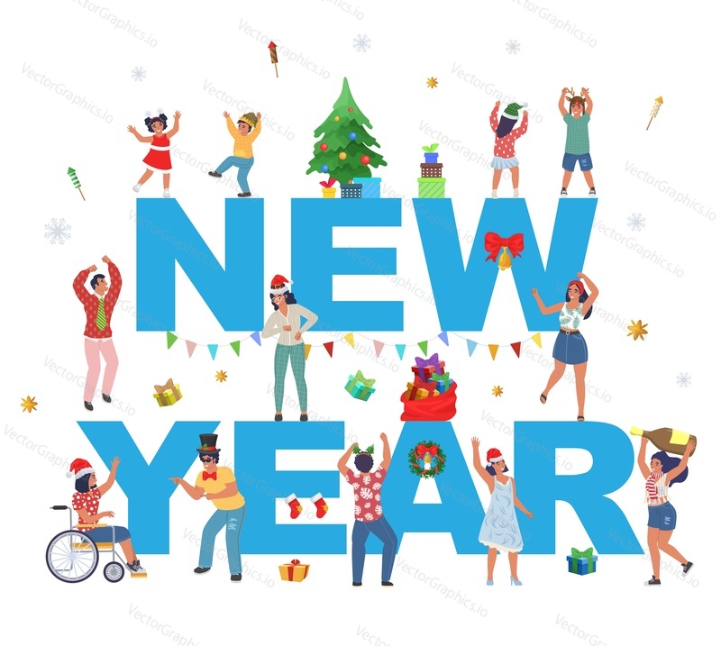 Happy new year vector poster. Excited cheerful people wearing santa hat having fun celebrating traditional winter holiday. Different tiny adults, disabled person and children over letters design