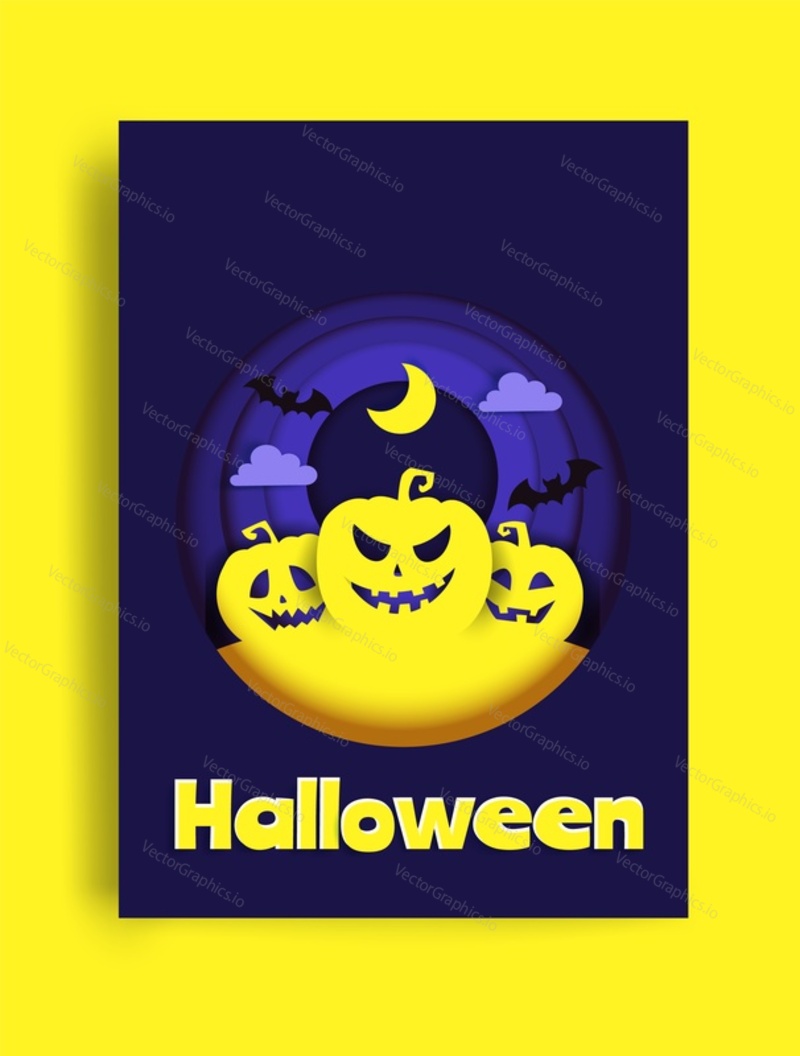 Векторный дизайн открытки на Хэллоуин с луной, ночными облаками, летающей летучей мышью и жуткой тыквой. Пригласительный плакат, поздравительная открытка с надписью