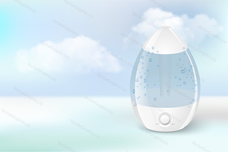 Машина для увлажнения воздуха для домашней рекламы реалистичный 3d-плакат. Бытовой прибор для контроля влажности в доме. Воздухоочиститель, очиститель воздуха, наполненный водой, на облачном фоне иллюстрации