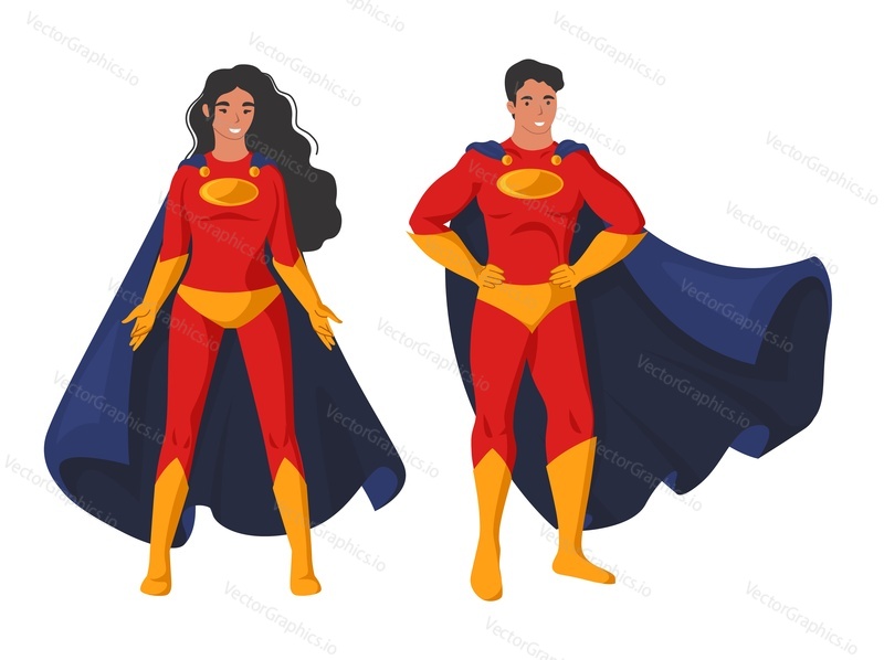 Man and woman superhero in mask and cloak vector illustration. Superman and superwoman isolated on white background. Female heroine and male hero cartoon character