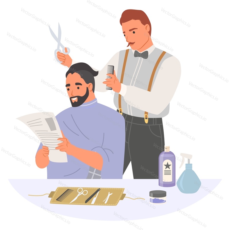 Barber doing haircut for man in barbershop vector illustration. Hairstylist at work and clients reading newspaper in chair isolated on white background. Male master