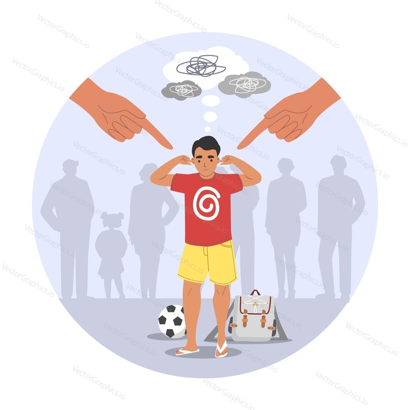 Kid social pressure problem and bullying attack vector. School or home verbal or physical abuse. Unhappy sad teenager boy and pointing human hands illustration
