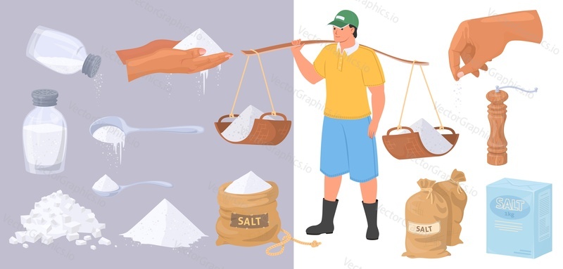 Salt powder and crystal vector isolated set. Bowl, bottle, sack and seasoning heap. Saltshaker and man carrying natural organic sodium mineral. Condiment production