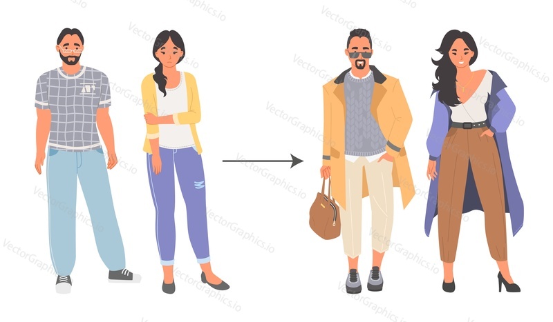 Man and woman makeover vector scene. People style image transformation. Female and male character changing outfit. Before and after illustration
