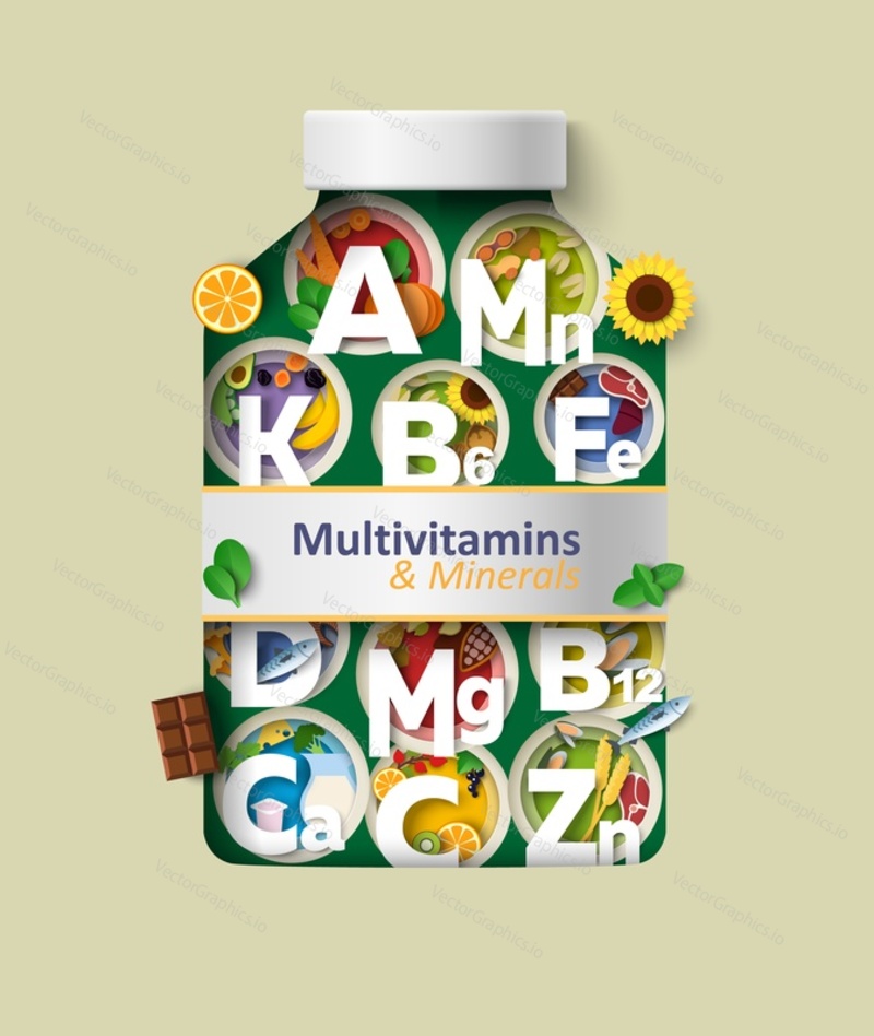 Витаминно-минеральная пищевая добавка в векторном дизайне флакона. Иллюстрация упаковки антиоксидантов. Концепция здорового питания, хорошего самочувствия и медикаментозного лечения. Дизайн оригами для поделок из бумаги