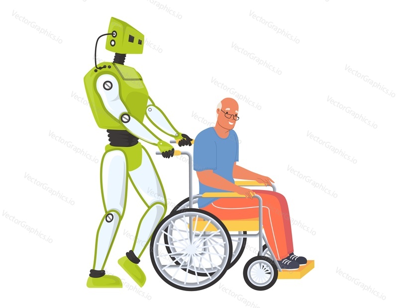 Робот-ассистент по уходу помогает инвалиду вектор. Роботизированная медицина с искусственным интеллектом, толкающий инвалидную коляску с иллюстрацией пациента. Футуристические технологии искусственного интеллекта и охрана здоровья людей