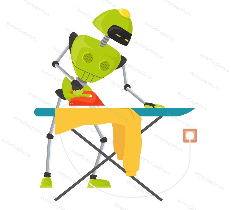 Robot assistant ironing clothes vector flat icon isolated on white background. AI robotic machine working chores, doing housework illustration. Artificial intelligence futuristic technology concept