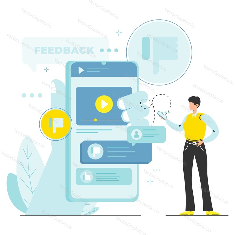 Customer review and feedback on mobile phone screen, flat vector illustration. Woman watching video and giving dislike thumb down. Bad feedback, negative comments.