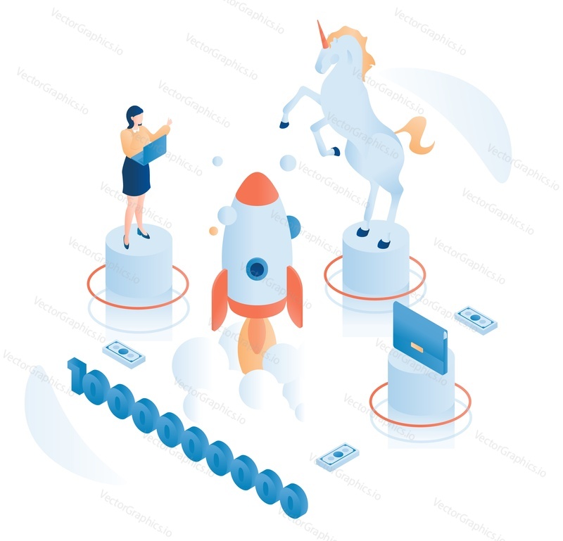 Unicorn business startup, rocket launch, flat vector isometric illustration. Unicorn company or startup valued at 1 billion dollars. Successful business venture.