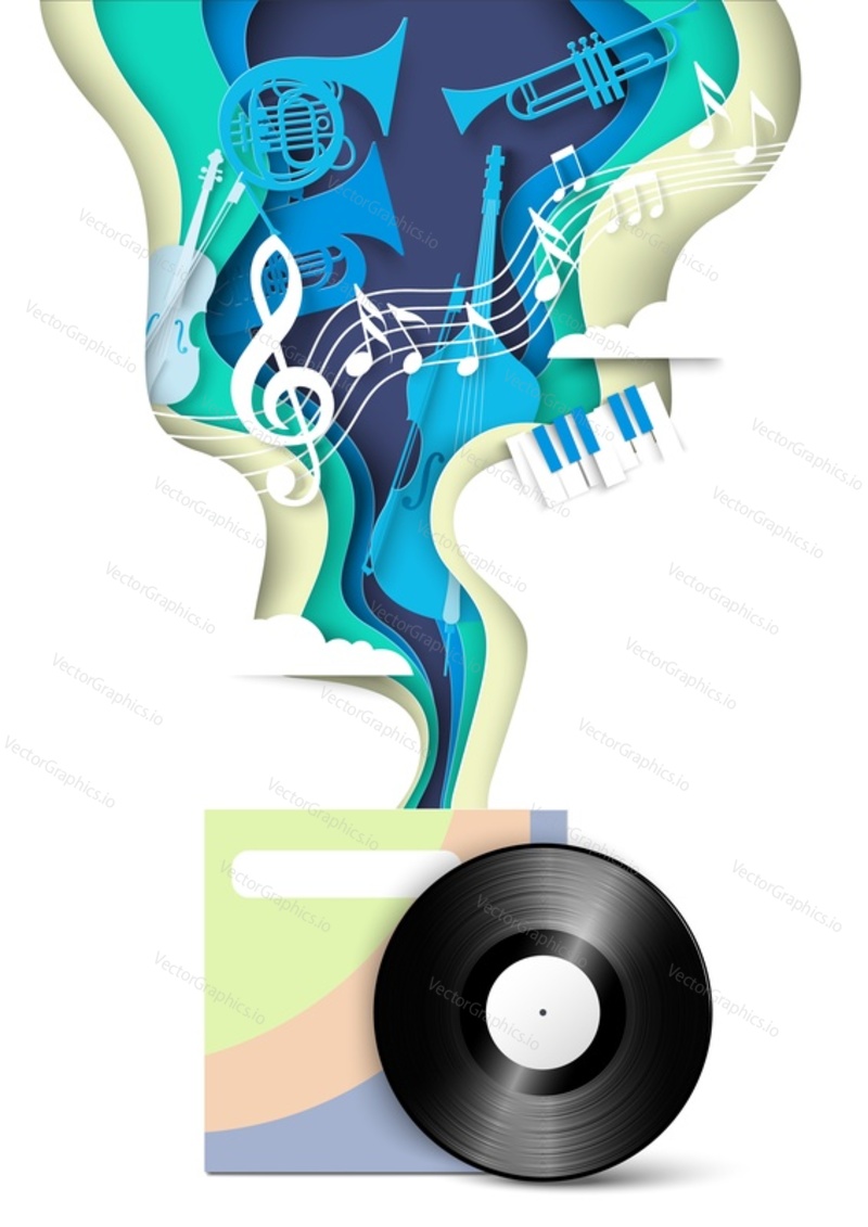 Abstract music background with vinyl disk and notes, musical instrument, treble clef vector in paper cut art craft style illustration. Musician concert, dj performance or music party event advertising template