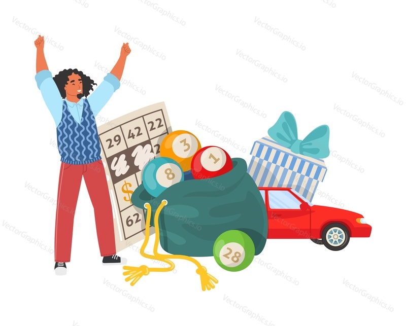 Bingo lottery winner receive car prize vector. Lucky man playing lotto illustration. Winning ticket coupon. Luck and fortune concept