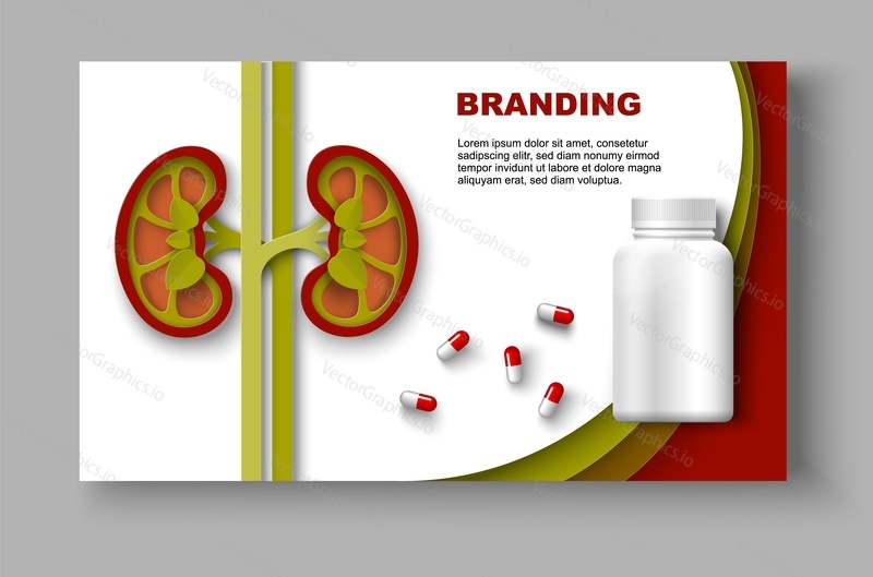 Web page template medical product for kidney treatment branding design. Vector mockup to ads, cover, poster for health care. Drugs for cardiovascular renal therapy illustration