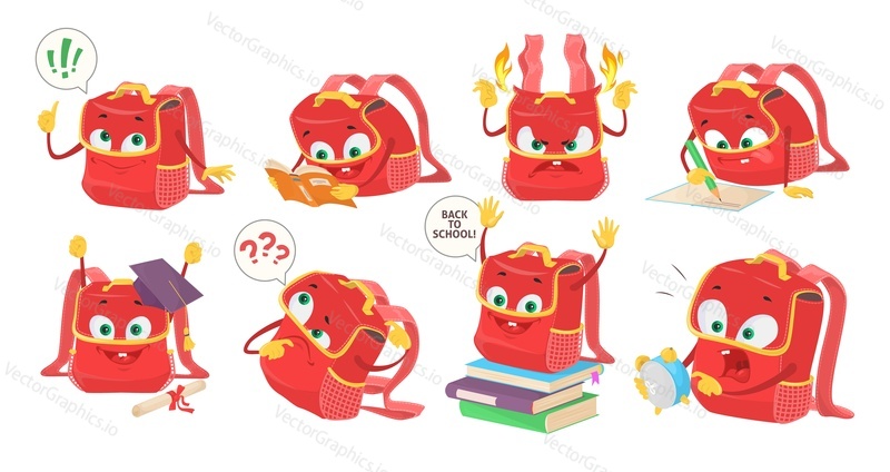School bag mascot with different emotion vector set. Happy, angry, confused, shocked and excited emoticon character. Funny backpacks reading book and learning illustration. Back to school design