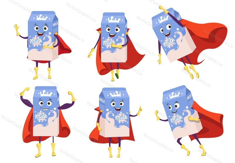 Cute milk cardboard box mascot vector set. Funny healthy dairy drink superhero wearing cloak with happy face expression isolated on white background. Different milky beverage package illustration