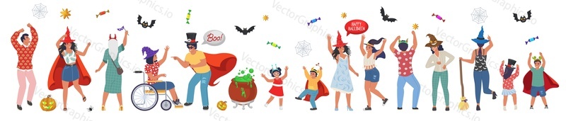 Halloween people character dressed in costumes dancing vector set. Happy elderly, adults and children wearing festival hat having fun celebrating October spooky holiday illustration