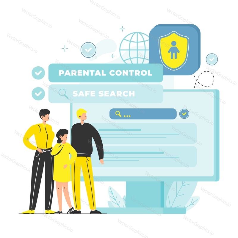 Родители управляют веб-сайтами, которые посещает их ребенок, и устанавливают ограничения на контент, плоская векторная иллюстрация. Программное обеспечение безопасности с родительским контролем на детском портативном компьютере.
