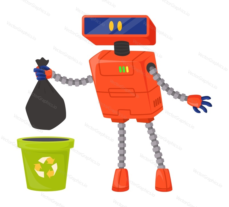 Робот-ассистент выносит мусор векторным плоским значком, выделенным на белом фоне. Роботизированная машина с искусственным интеллектом, работающая по дому, иллюстрация выполнения домашней работы. Концепция футуристической технологии искусственного интеллекта