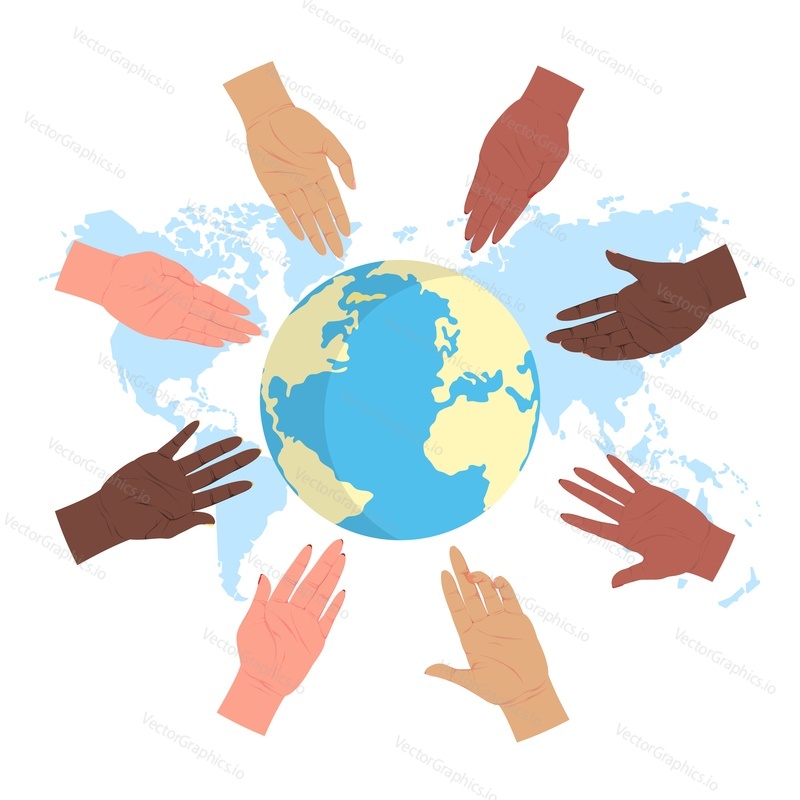 Save earth vector illustration. Human hand reaching globe over world map design. Environment protection and ecosystem cultivation concept. Global planet ecology day