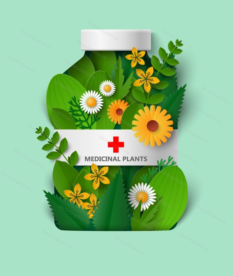 Herbal pills advertising poster. Alternative medicine papercut vector. Homeopathic treatment and phytotherapy concept. Huge remedy bottle with green leaves or natural ingredients illustration