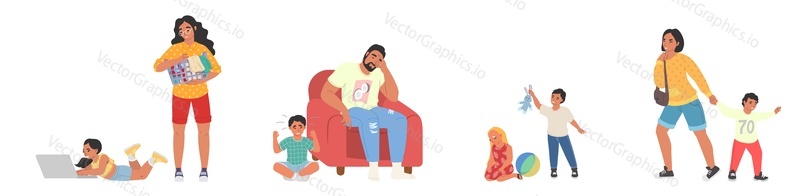 Tired parent and capricious naughty children vector scene set. Mother and father in stress suffering from kids hyperactivity and disobedience illustration. Parenting problem concept
