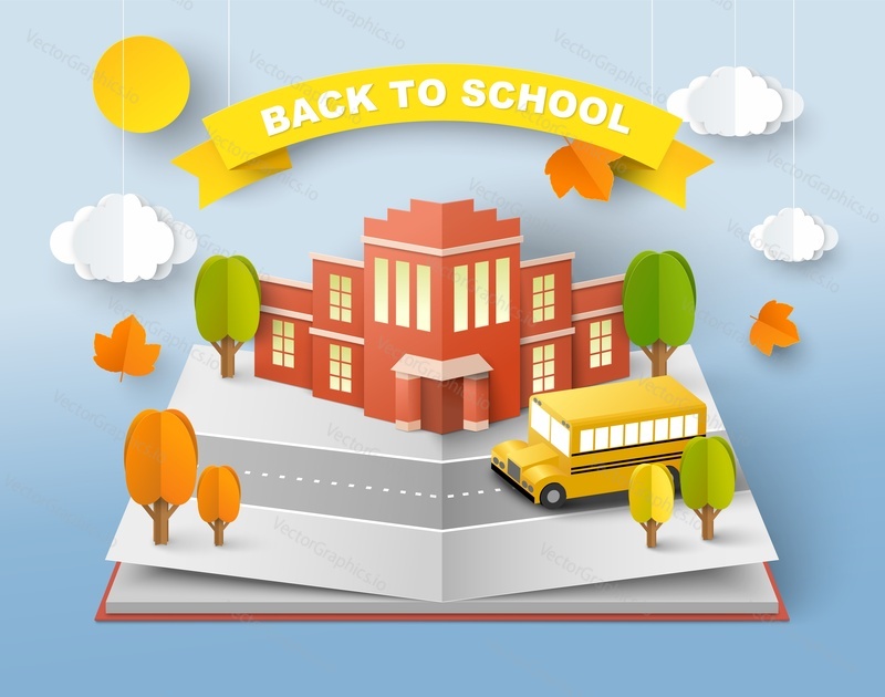 Back to school paper cut vector illustration. School building and bus over textbook pages. Welcome and invitation poster craft art style advertising design. Start of education process concept