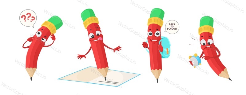 Cute pencil character school supply isolated vector set. Funny emoji with different emotion. Funny cartoon pen writing, having question and looking at alarm clock illustration