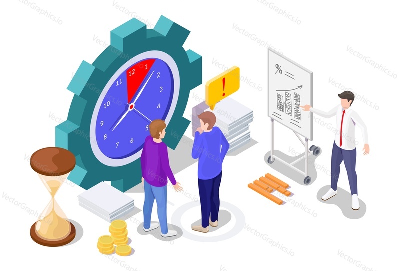 Office people looking at clock gear, businessman giving presentation, hourglass, flat vector isometric illustration. Time management and business strategy concept.
