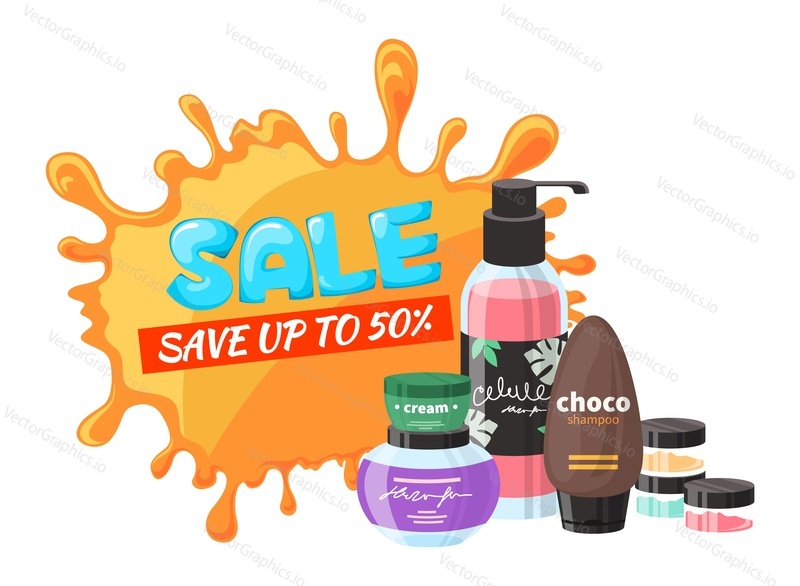 Beauty cosmetics sale vector design. Discount up to 50 percent off on cream, gel, lotion, shampoo or balm for body, face, hair and skin care illustration. Marketing advertisement for shopping concept