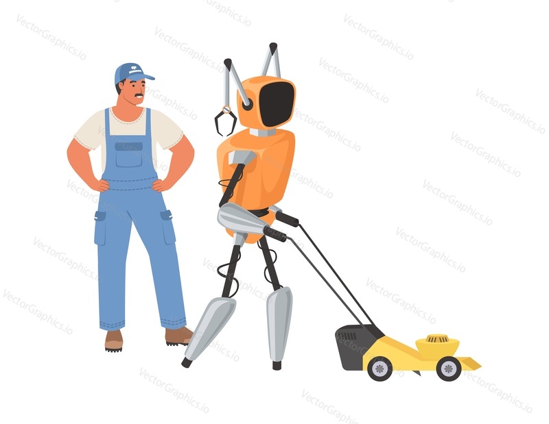Robot assistant helping man to mow lawn vector illustration. Robotic housekeeping. Futuristic technology and housework process automation concept