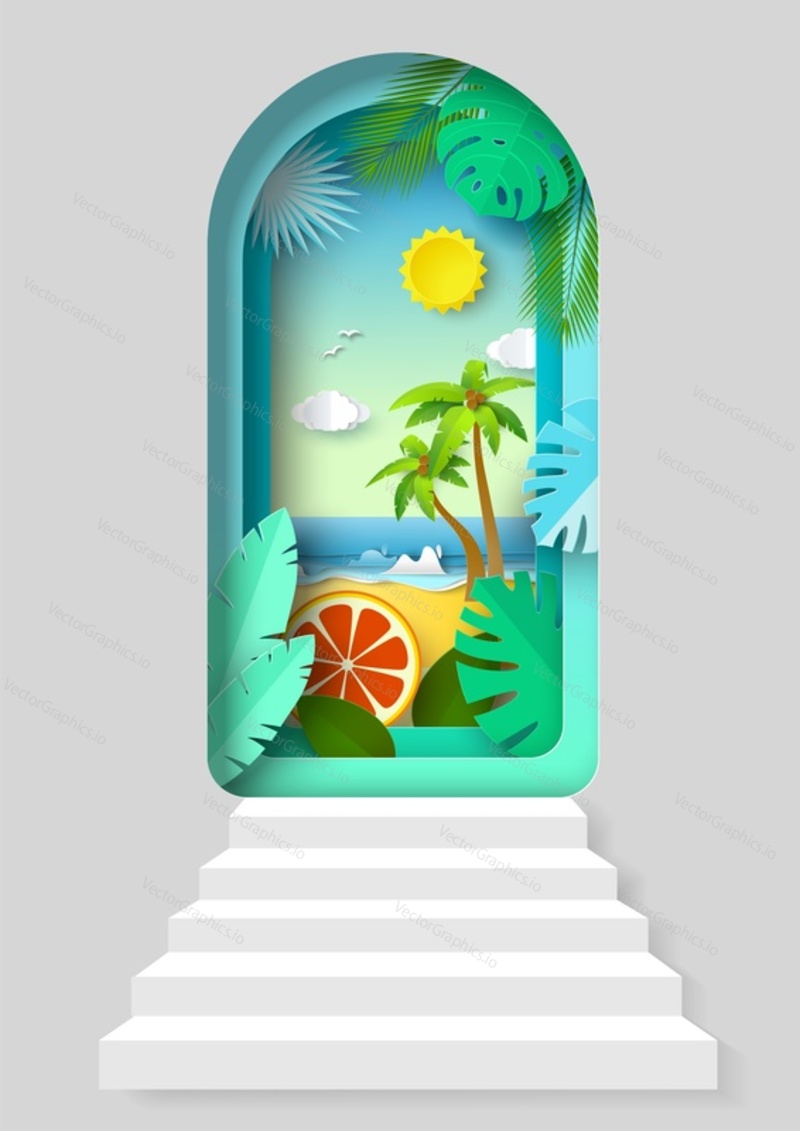 Door in summer paper cut vector craft poster. Open doorway with tropical sea beach scenery. Summertime concept. Travel and vacation illustration