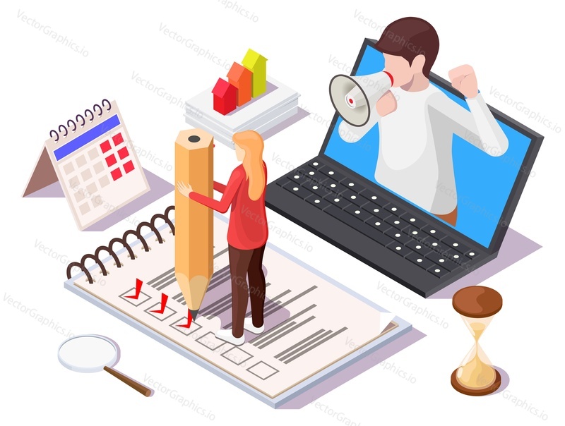 Businessman shouting through megaphone from laptop, woman marking checklist with pencil, flat vector isometric illustration. Deadline, time management concept.