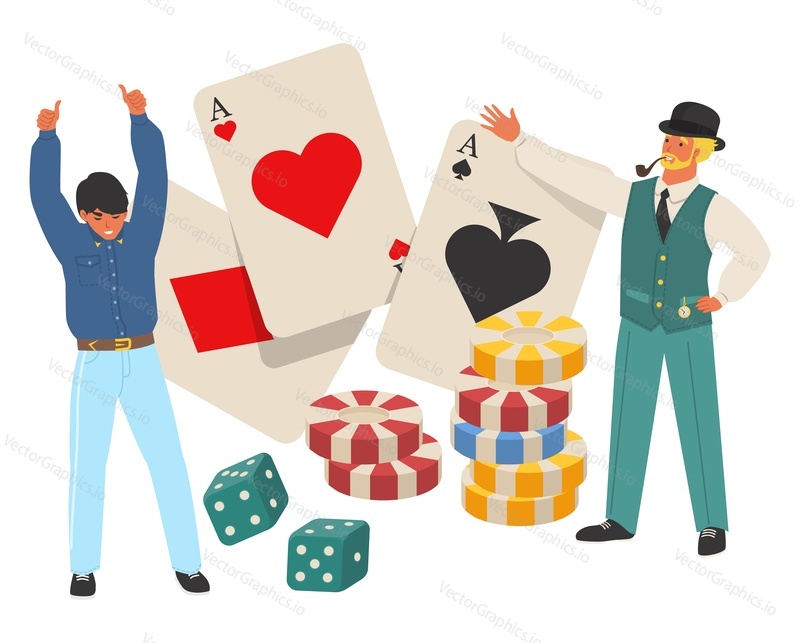 Вектор победителей казино. Иллюстрация счастливого игрока в покер. Молодой возбужденный мужчина и пожилой джентльмен, три карты туза, фишки и кости, выделенные на белом фоне