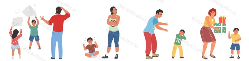 Tired parent exhausted with nursing little kids vector scene set. Hyperactive children claiming attention Crazy day. Reality of parenthood. Family problem with naughty child concept
