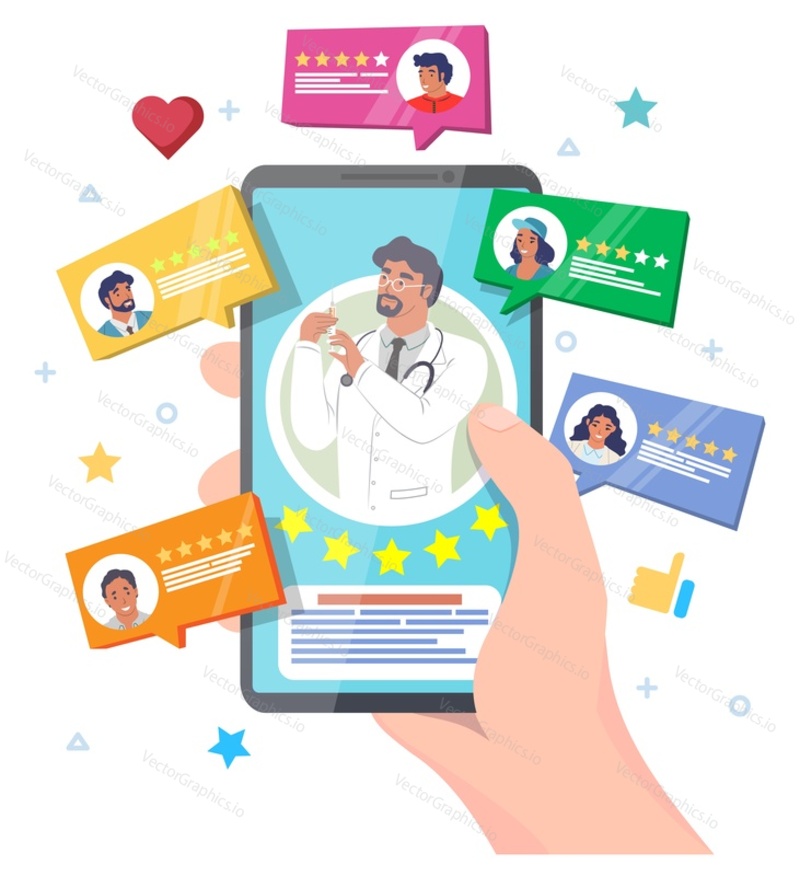 Client evaluating doctors work online ranking vector. Patient leaves positive review illustration. Mobile phone in human hand cartoon design. Customer feedback rating. Medicine and healthcare concept